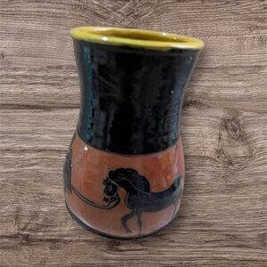 vintage vase Handcrafted Ceramic  pottery With Black Horse Yellow Rim signed 7"